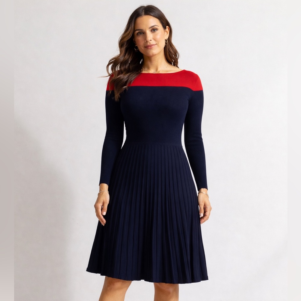 Ralph Lauren Two-Tone Pointelle Sweater-Knit Long Sleeve Dress Size L